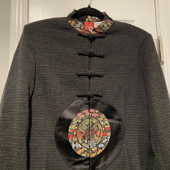 April Cornell Size S Asian Inspired Gray Blazer Silky Appliqué Rope Buttons - Picture 6 of 14